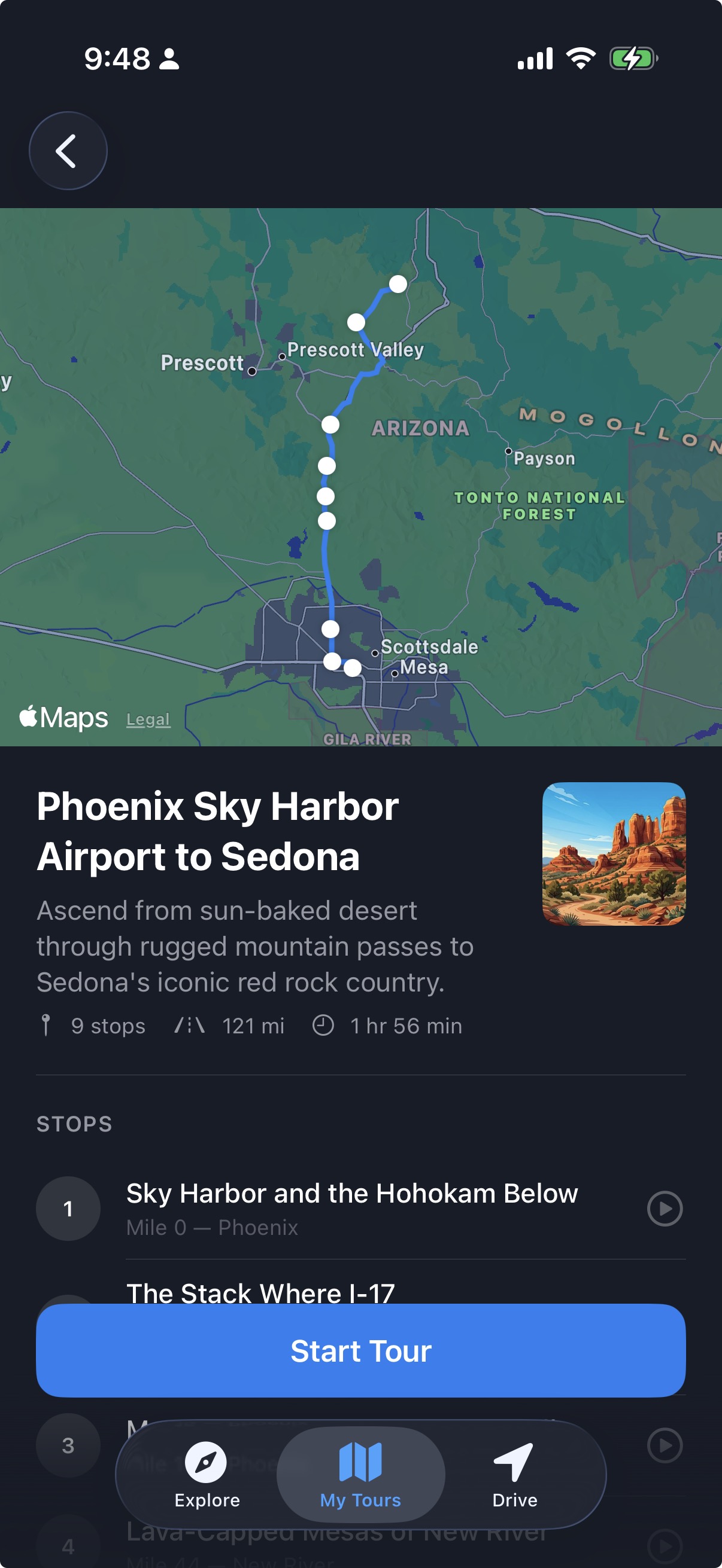 Tour preview with map and stop list